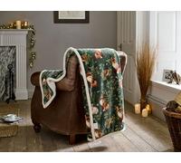 Deyongs Woodland Wildlife Fox, Rabbits, Hedgehogs Cuddly Sherpa Fleece Throw 140cm x 180cm in Sage Green with Sherpa Reverse
