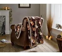 Deyongs Woodland Wildlife Fox, Rabbits, Hedgehogs Cuddly Sherpa Fleece Throw 140cm x 180cm in Wine with Sherpa Reverse