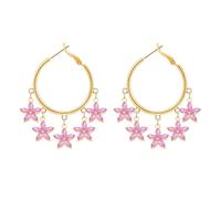 DEYOUM Crystal Flower Hoop Earrings for Women Sweet Fresh Handmade Boho 14K Gold Elegant Romantic Bohemian Five Rhinestone Floral Petal Dangle Drop Statement Earrings Bridal Wedding Birthday Jewelry
