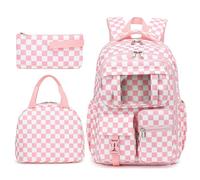 Dezcrab Girls School Backpack Set - Teens Kids School Bag Bookbag with Lunch Box Pencil Case for Elementary Middle School (Checkered Pink)