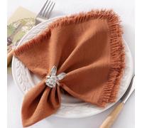 DeZerlor 12 Pack Terracotta Fall Cloth Napkins Set of 12 Thanksgiving Burnt Orange Cotton Linen Napkins with Fringe Rust Boho Handmade Dinner Table Napkins Bulk for Wedding Baby Shower, 17 x 17 Inches