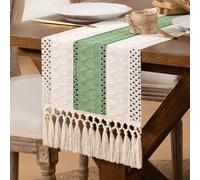 DeZerlor Boho Macrame Table Runner Fall Farmhouse Woven Small Table Runner with Tassels 36 Inches Ivory& Sage Green Cotton Linen Kitchen Table Centerpiece for Dining Dresser Home Tea Table Decor
