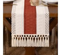 DeZerlor Boho Macrame Table Runner Terracotta Fall Farmhouse Woven Table Runner with Tassels 72 Inches Ivory& Rust Cotton Linen Kitchen Table Centerpiece for Dining Dresser Home Tea Table Decor