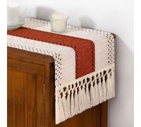 DeZerlor Boho Macrame Table Runner Terracotta Farmhouse Woven Small Table Runner with Tassels 36 Inches Ivory& Rust Cotton Linen Kitchen Table Decor for Dining Dresser Home Tea Table Decor