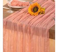 DeZerlor Coral Pink Cheesecloth Table Runner Fall Table Runner Boho Gauze 120 Inches Coral Cheese Cloth Fall Table Decorations for Thanksgiving Wedding Bridal Baby Shower Tea Party Decor