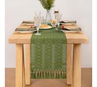 DeZerlor Fall Table Runner 12 x 72 Inches Farmhouse Woven Table Runner with Tassels Macrame Cotton Linen Table Runner for Dining Thanksgiving Table Decorations, Olive Green