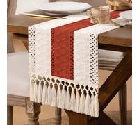 DeZerlor Ivory&Terracotta Boho Macrame Farmhouse Woven Table Runner 108Inch | Cotton Linen Kitchen Table Decor for Dining Dresser, Fall Fabric Home Tea Table Decor