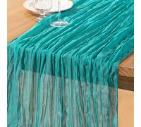 DeZerlor Teal Green Cheesecloth Table Runner Summer Sheer Turquoise Cheese Cloth Table Runner Boho Gauze 120 Inches Blue-Green Summer Table Decorations for Wedding Bridal Baby Shower Tea Party Decor