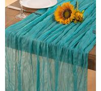 DeZerlor Teal Green Cheesecloth Table Runner Summer Sheer Turquoise Cheese Cloth Table Runner Boho Gauze 120 Inches Blue-Green Summer Table Decorations for Wedding Bridal Baby Shower Tea Party Decor