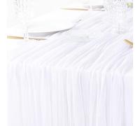 DeZerlor White Cheesecloth Table Runner 35" x 120" Boho Gauze Table Runner 10FT Wrinkled Sheer Table Runner for Wedding Halloween Thanksgiving Xmas Bridal Baby Shower Party Decor