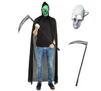 DEZEXHOM Night light Scary Mask Costume Adult with Scythe Halloween Horror Skull Mask Death Hooded Cape for Halloween Party Cosplay