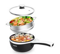 DEZIN Hot Pot Electric with Steamer Upgraded, Non-Stick Sauté Pan, Rapid Noodles Electric Pot, 1.5L Mini Pot for Steak, Egg, Fried Rice, Ramen, Oatmeal, Soup with Power Adjustment (Egg Rack Included)