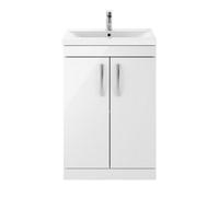 Dezine Hamble 600mm Gloss White Floor Standing 2 Door Vanity Unit, With Basin