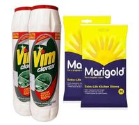 Dezpo Cleaning Bundle compatible with Vim Scourer Powder + Marigold Gloves - 2× Vim Classic 750g (Pack of 2) + 1× Marigold Rubber Gloves M
