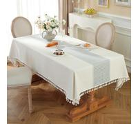 DEZYPZAM Cotton Linen Rectangle Tablecloth with Tassels | Wipe Clean & Washable | Wrinkle Free Non-Slip Table Cloth for Kitchen, Dining Room & Outdoor Parties (Blue,140 x 180 cm)