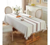 DEZYPZAM Cotton Linen Rectangle Tablecloth with Tassels | Wipe Clean & Washable | Wrinkle Free Non-Slip Table Cloth for Kitchen, Dining Room & Outdoor Parties (Brown,140 x 300 cm)