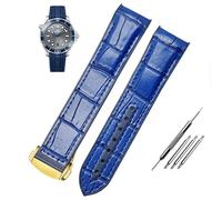DFAMIN Waterproof Strap Curved End Genuine Leather Silicone Watch Strap For Omega Seamaster 007 Wrist Bracelet With Folding Buckle(Blue gold,22mm)