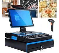 Dfdieratve All-in-One POS Cash Register, 15.6 Inch Touch Screen POS System with Keyboard, Built-in 58mm Printer and Cash Drawer, i5 8GB RAM 128GB, Cashier Register for Small Business Blue