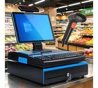 Dfdieratve POS Cash Register, All-in-One Cashier Register with 15.6" Touch Screen, POS System for Small Business with CPU I5, 8 GB RAM, 128 GB SSD, Windows 10, for Retail and Restaurant White Blue