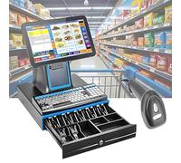 Dfdieratve POS System for Small Business, All-in-One Cash Register with Touch Screen Dual Monitor, Barcode Scanner, Printer, Cash Drawer, Touch Screen Pos Cash Register for Retail Businesses Blue