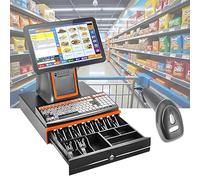 Dfdieratve POS System for Small Business, All-in-One Cash Register with Touch Screen Dual Monitor, Barcode Scanner, Printer, Cash Drawer, Touch Screen Pos Cash Register for Retail Businesses Orange