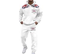 DFEK 2 Piece Mens Tracksuits Union Jack British Flag Fleece Hoodie And Jogging Sweatpants Autumn Winter Swearsuits Comfort Classic-fit Activewear Workwear Dailywear Set(A-White,3XL)