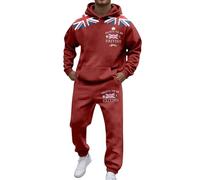 DFEK 2 Piece Mens Tracksuits Union Jack British Flag Fleece Hoodie And Jogging Sweatpants Autumn Winter Swearsuits Comfort Classic-fit Activewear Workwear Dailywear Set(A-Red,XXL)