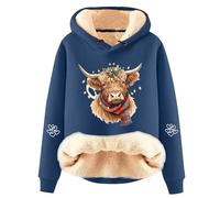 DFEK Highland Christmas Cow Hoodie for Women, Fleece Lined Sherpa Pullover with Drawstring Hood, Winter Graphic Cow Print Christmas Jumpers Sweatshirt (A1-Navy,3XL)