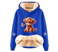 DFEK Highland Christmas Cow Hoodie for Women, Fleece Lined Sherpa Pullover with Drawstring Hood, Winter Graphic Cow Print Christmas Jumpers Sweatshirt (A2-Blue,L)