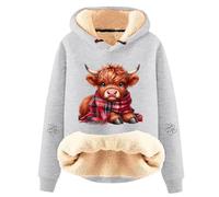DFEK Highland Christmas Cow Hoodie for Women, Fleece Lined Sherpa Pullover with Drawstring Hood, Winter Graphic Cow Print Christmas Jumpers Sweatshirt (A4-Grey,M)