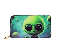 Dfekgoklpf Large Capacity Green Aliens Print Fold Accordion Leather Wallet Id Card Holder Long Purse Multi-Function with Zipper Purse for Man Women Travel Wallet with Coin Receipt Pocket