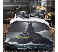 DFENILROP 3D Print 3-Piece Bedding Set Bed Decor Zipper Closure Design Ultra Soft Lighthouse Stormy Night Quilt Cover Durable Hotel Quality for Adults,Women,Youth Duvet Cover Single（135x200cm）