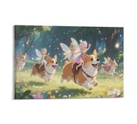 DFENILROP Corgi And Elf Wall Painting, Happy Cartoon Poster Artwork on Hallway | Giclée Picture Canvas Printing, Beautiful Home Decor for Bedroom And Living Room, Gift 16x24inch(40x60cm)