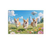 DFENILROP Cute Running Corgi Wall Painting, Happy Puppies Poster Artwork on Corridor | Giclée Picture Canvas Printing, Beautiful Home Decor for Bedroom and Living Room, Gift 12x18inch(30x45cm)