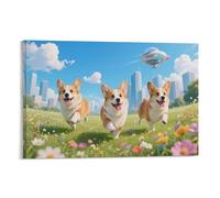 DFENILROP Cute Running Corgi Wall Painting, Happy Puppies Poster Artwork on Corridor | Giclée Picture Canvas Printing, Premium Home Decor for Bedroom and Living Room, Gift 16x24inch(40x60cm)