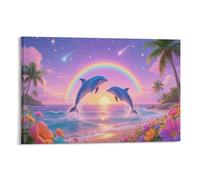DFENILROP Dolphin And Rainbow Wall Painting, Sea Scenery Poster Artwork on Corridor | Giclée Picture Canvas Printing, Unique Home Decor for Bedroom And Office, Gift 12x18inch(30x45cm)
