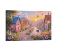 DFENILROP Fairytale Village Wall Painting, River Town Poster Artwork on Hallway | Giclée Picture Canvas Printing, Modern Home Decor for Living Room Bathroom, Gift 08x12inch(20x30cm)