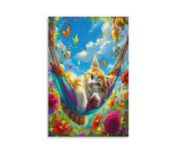 DFENILROP Hammock Kitten Wall Painting, Blue Sky Poster Artwork on Corridor | Gi Picture Canvas Printing, Unique Home Decor for Living Room Bathroom, Gift 20x30inch(50x75cm)