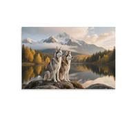 DFENILROP Husky Dog Beside Lake Wall Painting, Scenery with Animal Poster Artwork on Hallway | Giclée Picture Canvas Printing, Modern Home Decor for Living Room Bathroom, Gift 16x24inch(40x60cm)