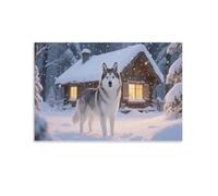 DFENILROP Husky in Snow Wall Painting, Scenery with Dog Poster Artwork on Hallway | Giclée Picture Canvas Printing, Special Home Decor for Bedroom And Office, Gift 12x18inch(30x45cm)