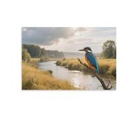 DFENILROP Kingfisher by River Wall Painting, Natural Landscape with Bird Poster Artwork on Hallway | Giclée Picture Canvas Printing, Elegant Home Decor for Bedroom and Office, Gift 12x18inch(30x45cm)
