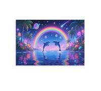 DFENILROP Neon Dolphins Wall Painting, Rainbow Beach Scene Poster Artwork on Hallway | Giclée Picture Canvas Printing, Classic Home Decor for Bedroom and Office, Gift 08x12inch(20x30cm)