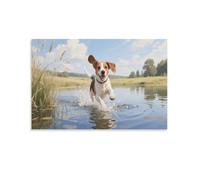 DFENILROP Running Beagle Dog Wall Painting, Adorable Puppy Poster Artwork on Hallway | Giclée Picture Canvas Printing, Unique Home Decor for Bedroom and Office, Gift 08x12inch(20x30cm)