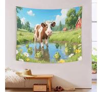 DFENILROP Tapestry 3D Printed Cow And Frog, Soft Polyester High-Definition Artistic Cartoon Rural Blanket, Multi-Purpose Wall Decor for Bedroom & Living Room, Unique Gift 180cmx230cm
