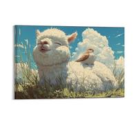 DFENILROP Wall Art, Animal Poster, Cute Alpaca With Bird On Back, Peaceful Nature Scene For Home Decor - Premium Canvas Print, Gift 12x18inch(30x45cm)