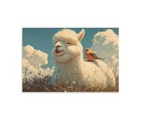 DFENILROP Wall Art, Animal Poster, Cute Alpaca With Bird Perched On Back, Peaceful Meadow Scene For Home Decor - Unique Canvas Print, Gift 12x18inch(30x45cm)