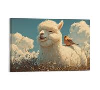 DFENILROP Wall Art, Animal Poster, Cute Alpaca With Bird Perched On Back, Peaceful Meadow Scene For Home Decor - Designer Canvas Print, Gift 12x18inch(30x45cm)