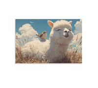 DFENILROP Wall Art, Animal Poster, Cute Alpaca With Bird Perched On Back, Peaceful Sky Scene For Home Decor - High-Resolution Canvas Print, Gift 08x12inch(20x30cm)