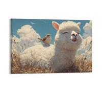 DFENILROP Wall Art, Animal Poster, Cute Alpaca With Bird Perched On Back, Peaceful Sky Scene For Home Decor - High-End Canvas Print, Gift 08x12inch(20x30cm)