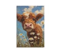 DFENILROP Wall Art, Animal Poster, Cute Brown Calf Amid Daisies Under Blue Sky, Perfect For Farmhouse Decor - Premium Canvas Print, Gift 16x24inch(40x60cm)